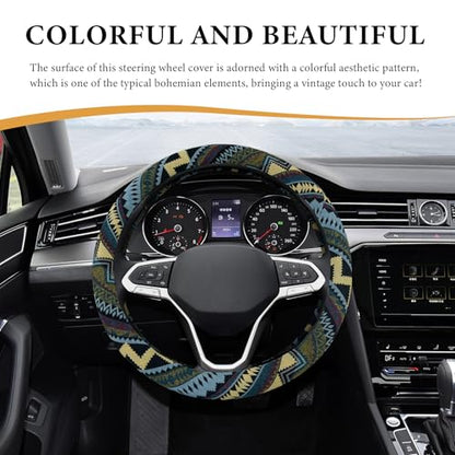 Boho Steering Wheel Cover, 15 Inch Coarse Flax Cloth Ethnic Style Anti-Slip Car Wheel Wrap, Universal Breathable Bohemian Steering Wheel Protector for Cars Vans Trucks (H) - color: H