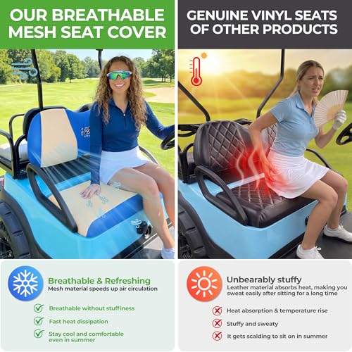 10L0L Golf Cart Seat Covers, Super Comfort Cooler Than Vinyl Seat Cover, Front and Rear Seat Cover for Yamaha EZGO Club Car, No Drilling Breathable Mesh Bench Seat Blanket, Machine Washable - color: Beige + Blue, style: Front Seat - For Yamaha & Club Car