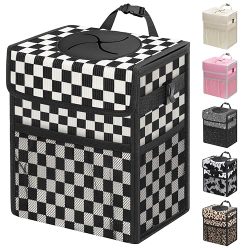 Capolo Car Trash Can with Lid, Leakproof Car Trash Bag Hanging Waterproof Automotive Garbage Can with Storage Pockets Mini Vehicle Trash Bin for Back/Front Seat(Black Checkerboard,3 Gallon) - color: Black Checkerboard, size: 3 Gallons