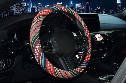 Medium Ethnic Style Coarse Flax Cloth Automotive Steering Wheel Cover Anti Slip and Sweat Absorption Auto Car Wrap Cover (14.5''-15'',D) - color: D, size: 14.5 - 15 inches