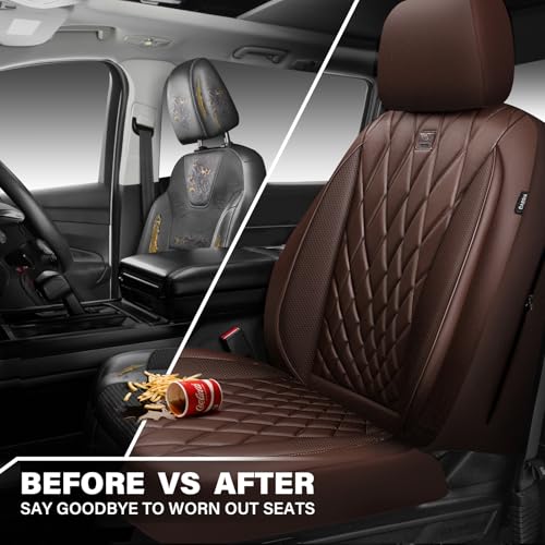CAR PASS Piping Luxury Faux PU Leather Two Front Car Seat Covers, Waterproof Anti Slip Seat Covers Compatible with Front Seat Armrests,Universal Fit for Suvs,Vans,Trucks,Airbag Compatible, All Brown - color: Brown, size: Two Front