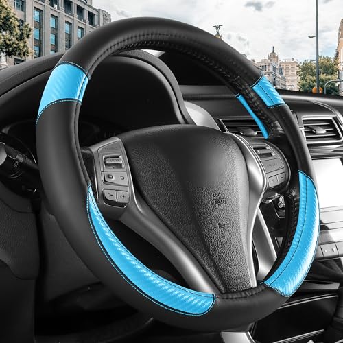 Non-Slip Car Nappa Leather Steering Wheel Cover,Universal Car Accessories Women Men Fit 14" 1/2-15" Suvs/Vans/Sedans/Cars/Trucks,Light Blue - color: Black Light Blue