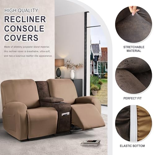 Leather Look Recliner Console Cover for Recliner Couch, Stretch Middle Console Slipcovers for Reclining Sofa and Loveseat, Washable Furniture Protector for Pets (1 Console Cover, Brown)