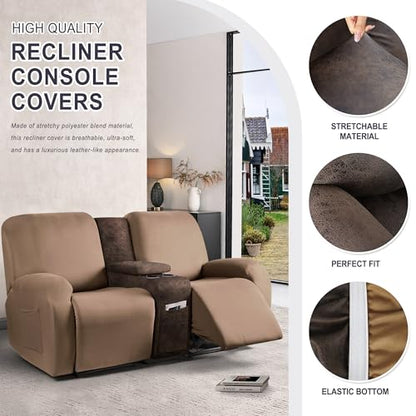 Leather Look Recliner Console Cover for Recliner Couch, Stretch Middle Console Slipcovers for Reclining Sofa and Loveseat, Washable Furniture Protector for Pets (1 Console Cover, Brown)