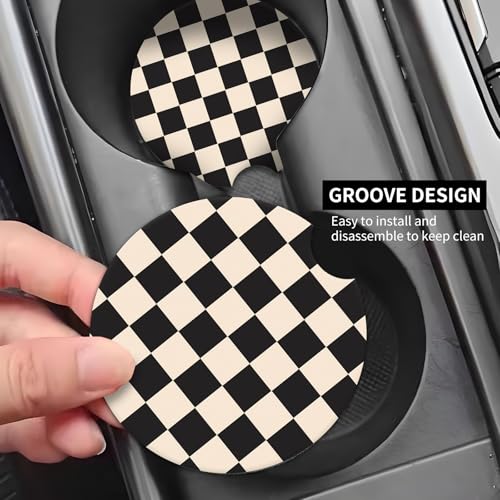 2 Pack Universal Ceramic Car Coasters，Ceramic Stone with A Finger Notch for Easy Removal of Car Cup Holder Coaster(Black Beige Plaid) - color: Black Beige Plaid