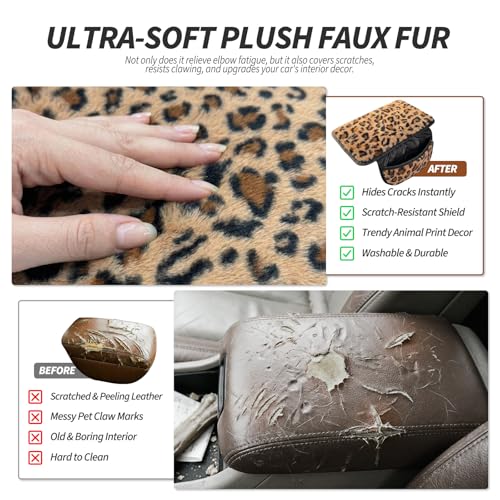 Plush Leopard Print Car Center Console Cover with Side Pockets, Fluffy Armrest Cushion Pad,Soft Cheetah Car Interior Decorations Accessories with Storage for Women,Universal Fit for Vehicles SUV Truck
