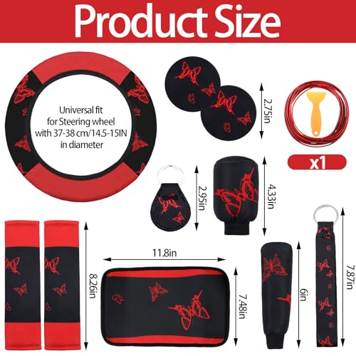BBTO 47 Pcs Car Seat Full Set Car Accessories for Women 5 Front Rear Seat Covers Wrist Strap 2 Pieces Cup Mat Armrest Pad 2 Belt Cover Accessories for SUV(Red Black)