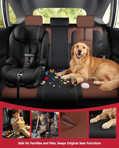 FREESOO Universal Full Seat Covers, Waterproof Faux Leather Automotive Seat Covers with Carbon Fiber Texture Seat Belt Pads, Anti-Slip Airbag Compatible Car Seat Covers for Cars SUVs Trucks - color: Black Brown, size: Full Set - 5 Seats