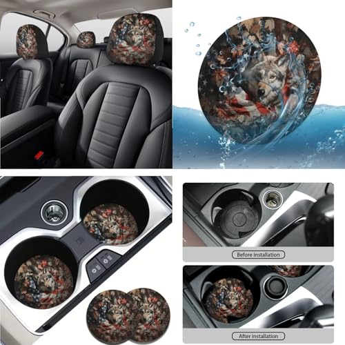 Wolf Leaf American Flag Print 15 Pcs Full Set Car Accessories, Car Seat Cover with Steering Wheel Cover Car Headrest Cover Seat Belt Covers Car Coaster - color: Wolf Leaf American Flag Print