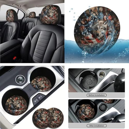 Wolf Leaf American Flag Print 15 Pcs Full Set Car Accessories, Car Seat Cover with Steering Wheel Cover Car Headrest Cover Seat Belt Covers Car Coaster - color: Wolf Leaf American Flag Print