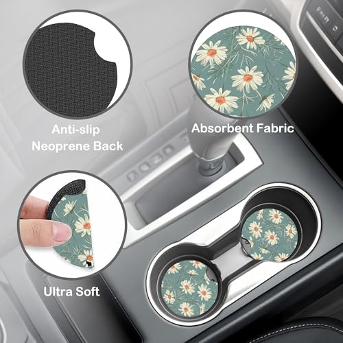 White Daisy Steering Wheel Cover with 2 Pcs Car Coasters Neoprene Steering Wheel Cover for Women Men Anti-Slip Breathable Car Accessories Universal 15 Inch Fit Auto Cars Trucks - color: White Daisy