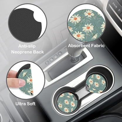 White Daisy Steering Wheel Cover with 2 Pcs Car Coasters Neoprene Steering Wheel Cover for Women Men Anti-Slip Breathable Car Accessories Universal 15 Inch Fit Auto Cars Trucks - color: White Daisy