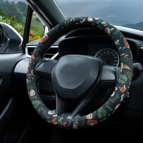 Woodland Fern Moth Dragonfly Mushroom Amanita Steering Wheel Cover Auto Steering Wheel Protector, Anti-Slip, Breathable, Absorbing Sweat, Universal Car Accessories 14.5–15 inch - style: Woodland Fern Moth