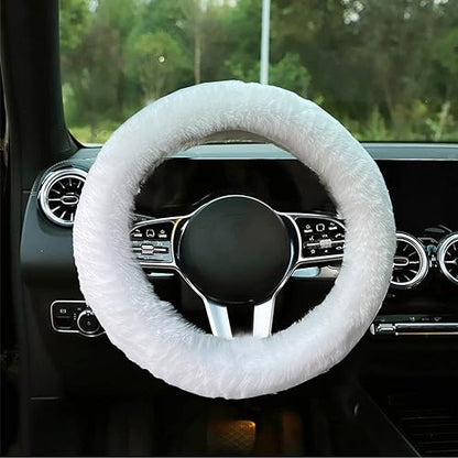 Fluffy Steering Wheel Cover for Women/Girls/Ladies Fuzzy Steering Wheel Cover Winter Warm Faux Wool Plush Car Wheel Cover Furry Steering Wheel Protector Universal Fit 15 Inch (White)