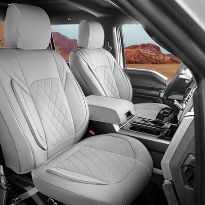 F150 Seat Covers Front Set, Faux Leather Truck Seat Covers Diamond Quilted Custom Fit for 2009-2026 F-150 SuperCrew & 2017-2026 F250 F350 F450 Crew Cab XL XLT Lariat King Ranch (Gray) - color: Gray, size: Front