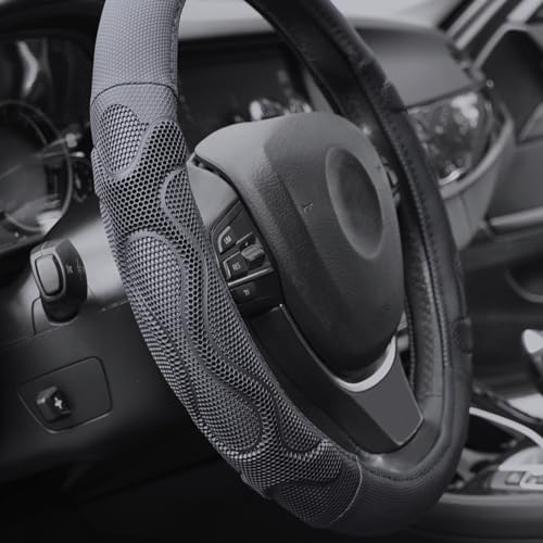 Elantrip Leather Steering Wheel Cover Great Grip with 3D Honeycomb Anti-Slip Design, Universal 14.5-15 Inch Car Wheel Protector Black - color: Black, size: 14 1/2 - 15 inch