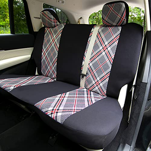 FH Group Full Set Plaid Print Cloth Car Seat Covers Combo Set with Carpet Floor Mats, Universal Fit, Washable Seat Cover for SUV, Sedan, Beige - color: Beige