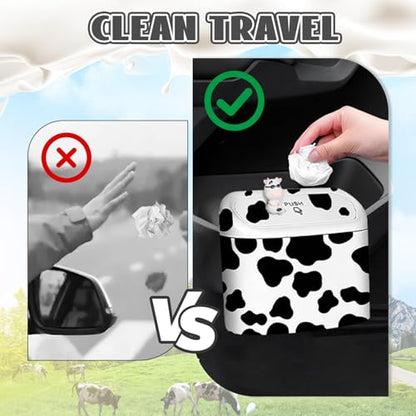 Car Cow Print Trash Can - White Garbage Organizer Holder with Black Trash Bag Rolls, Cute Automotive Dustbin for Most Cars Interior Accessories (1, White)