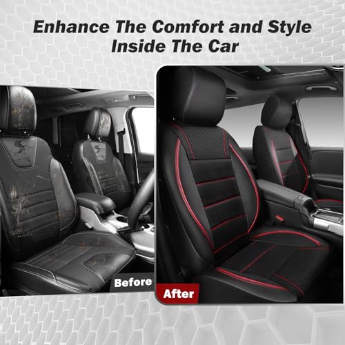 CAR PASS Air Mesh Leather Car Seat Covers Front Seats, Breathable Two Front Seat Covers for Cars, Comfortable Universal Fit for SUV Truck Sedan Automotive, Anti-Slip Airbag Compatible,Black and Red