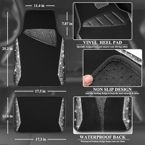 CAR PASS Bling Diamond Car Floor Mat Shining Rhinestones Carpet, Sparkly Glitter Crystal Anti-Slip PVC Heel Pad Automotive Universal Fit for SUV Sedan Car Van, 4pcs for Girl Cute Women, Black Silver - color: Silver Diamond