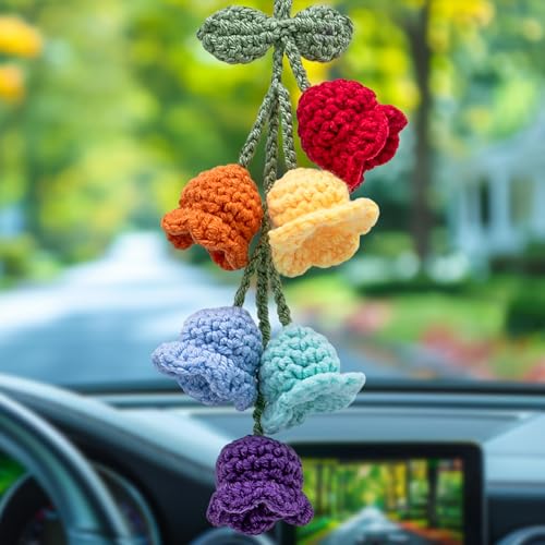 Car Mirror Hanging Accessories - Handmade Knitted Lily Flower Pendant, Cute Crochet Hanging Decor for Rearview Mirror, Women's Car Interior Decoration (1 PCS/6 Flowers, Colorful) - color: Colorful