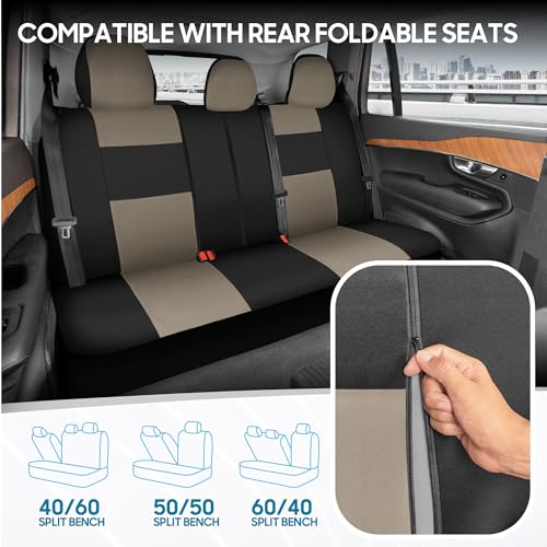 BDK PolyPro Car Seat Covers Full Set in Light Beige on Black, Front and Rear Split Bench Seat Covers for Cars, Easy to Install Car Seats Cover Set and Accessories for Auto Trucks Van SUV - Light Beige - color: Light Beige