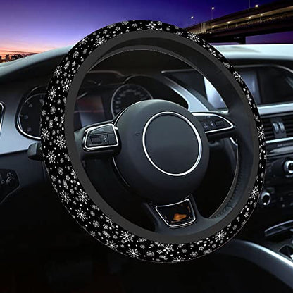 Swono Snowflakes Car Steering Wheel Covers Snowflakes On A Black Universal Fit 15 Inch Anti-Slip Steering Wheel Protector Cover Stretch-On Fabric Automotive Car SUV Sedans - color: multi-063