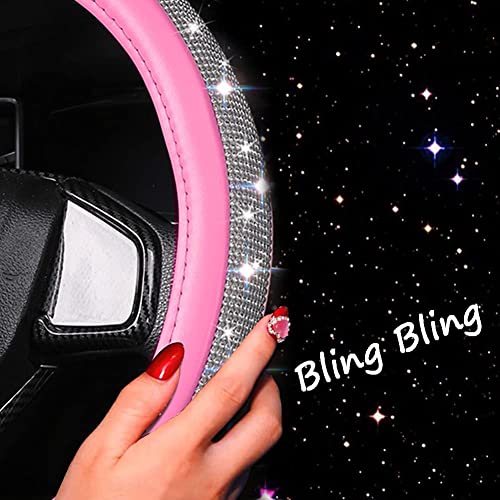 Bling Diamond Leather Steering Wheel Cover for Women Girls with Crystal Rhinestones, Universal Fit 14.5-15 Inch Car Steering Wheel Cover Accessories - color: Hot Pink