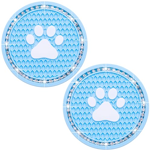 2PCS Bling Car Cup Holder Coaster, Universal Dog/Cat Paw Auto Non-Slip Crystal Rhinestone Cup Holder Coaster, 2.75In Universal Non-Slip Recessed Car Interior Accessories (Blue & White) - color: Blue & White, size: 2 pcs
