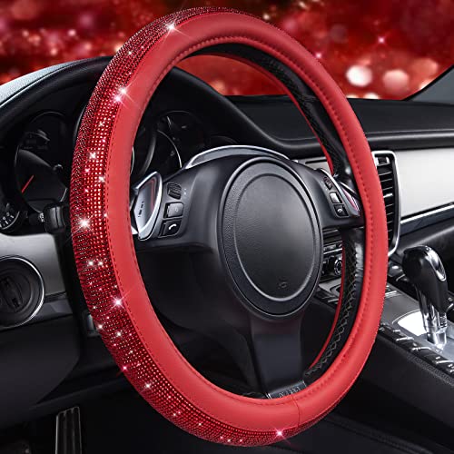 CAR PASS Bling Diamond Leather Steering Wheel Cover, with Bling Sparkly Crystal Glitter Rhinestones Universal Fit 14" 1/2-15" Car Wheel Protect for Women Girl Fit Suvs,Vans,Sedans,Cars,Trucks, Red - color: Red Diamond on Velvet