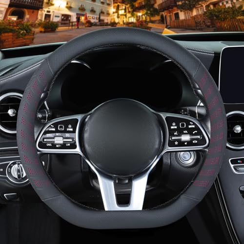 3D Premium Skin-Feel Leather Small D Shaped Steering Wheel Cover, Anti-Slip Breathable Soft Slim Design, 13.5 inch to 14 inch, Black with Red - color: Black with Red, size: D Type-Small[13.5''-14'']