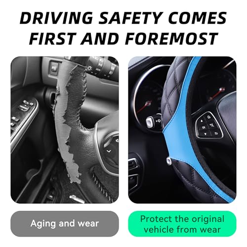 15 Inch Car Leather Steering Wheel Cover, Automotive Accessories Elastic Breathable Anti-Slip Soft Wheel Protector Fits Men and Women, Suitable for SUVs, Trucks, Vehicles and RVs (Blue) - color: Blue