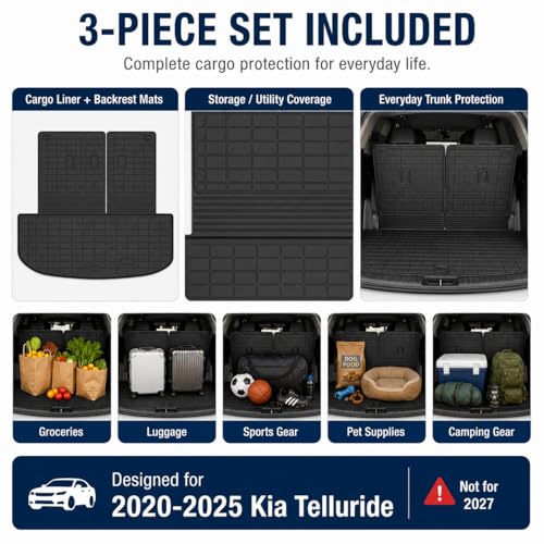 Trunk Mat Compatible with 2020-2025 2026 Kia Telluride Cargo Liner with Backrest Mat Cargo Mat, All-Weather TPE Interior Protectors Cargo Liner Seat Back Cover (Cargo Mat with Backrest Mats) - size: For Kia Telluride | Trunk Mat with Backrest Mat