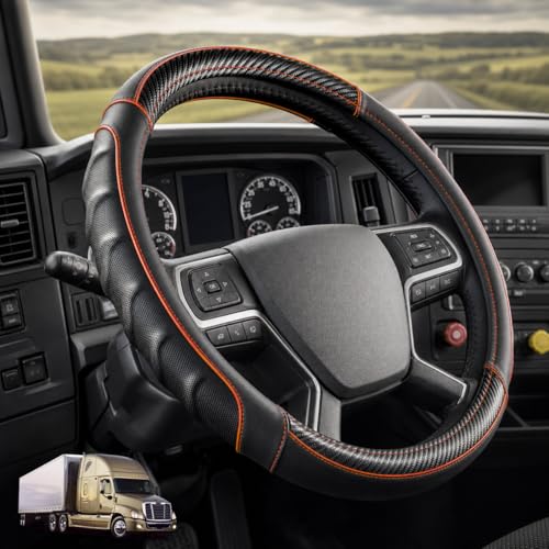 18 Inch Semi Truck Steering Wheel Cover for Freightliner Cascadia, Kenworth T680 T880, Peterbilt 579, Volvo VNL - Anti-Slip Carbon Fiber Grip - Carbon Orange - color: Black Orange