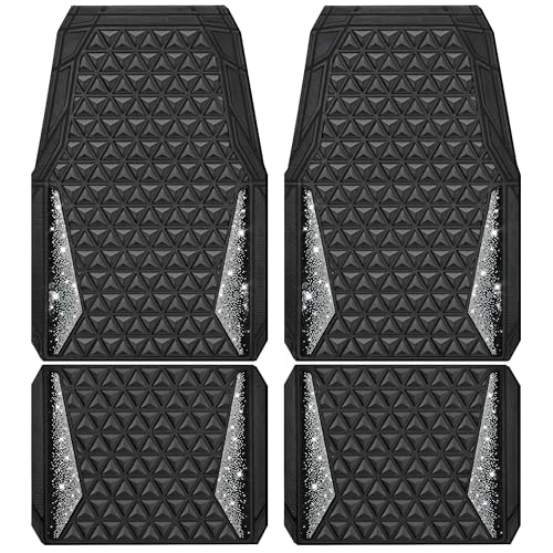 CAR PASS Bling Diamond Car Mats Rubber Floor Mats Full Set Anti-Slip 3D Rhombus Waterproof Trim to Fit Liner Universal Glitter Crystal Sparkly Shining Rhinestone Girl Women SUV Sedan Van, Black Silver - color: Silver Diamond