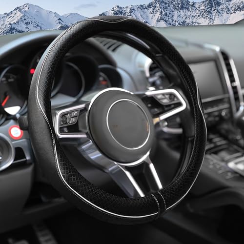 Steering Wheel Cover,Car Accessories 14.5-15 Inch Leather Steering Wheel Cover,Anti-Slip Breathable Microfiber Leather Covers,Warm in Winter and Cool in Summer,Fit for Suvs (Black-White) - color: Black&White
