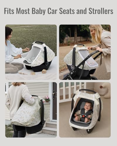 Blissful Diary Baby Car Seat Cover, Extra Large Mesh Window, Breathable Muslin Cotton, Infant Windproof Canopy, Must-Have Baby Gift - Botanical Leaf - color: Botanical Leaf