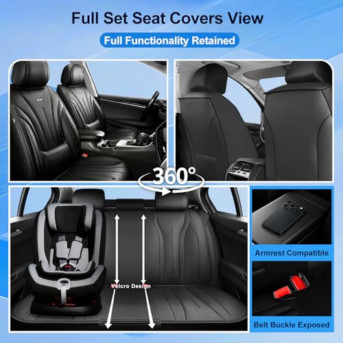 Fit HR-V Car Seat Covers (Full Set) for Select Honda HRV 2016-2026 LX/EX/EXL/Sport, Premium Full Coverage Leather, Airbag Compatible, Breathable Waterproof & All Weather Seat Protector, Black