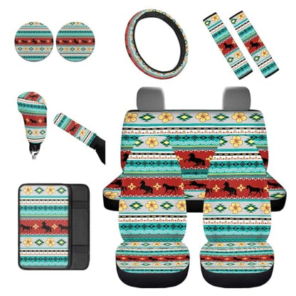 Dreaweet Aztec Tribal Horse Car Seat Covers Full Set 12 Pcs,Universal Car Seat Cover with Steering Wheel Cover,Seat Belt Pads,Armrest Cover,Cup Holder Coasters,Handbrake Cover,Gear Shift Knob Cover - color: Aztec Tribal Horse
