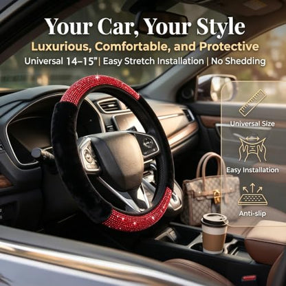 Bling Steering Wheel Cover for Women Girls, Red Rhinestone Diamond Sparkling Fur Fluffy Steering Wheel Accessories Elastic Steering Wheel Covers Winter Warm Universal Fit 14-15 inches - color: Red