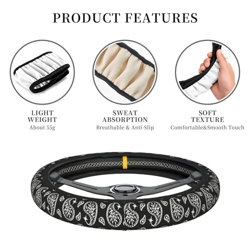Boho Bohemian Paisley Black and White Car Steering Wheel Cover,Non-Slip Elastic Neoprene-Sweat Car Accessories,Universal 15 Inch Fit Auto, Vans Trucks,Suvs, Truck - color: Paisley