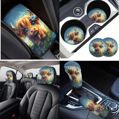 16 Pieces Car Seat Covers Full Sets, Highland Cattle Print Front Rear Seat Cover for Cars, Steering Wheel Cover Seat Belt Pads Arm Rest Covers Coaster Keychain, Universal Fit Auto Accessories - color: Brown and Blue - Highland Cattle