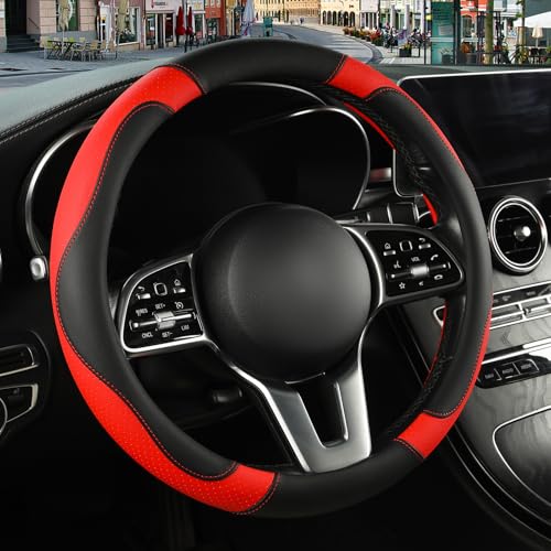 Microfiber Leather Steering Wheel Cover Large Size for Ford F150 F250 F350 RAM 4Runner Tacoma Tundra Armada Model S Model X, Breathable, Anti Slip, 15.5 inch to 16 inch, Black with Red - color: Black Red, size: Round-Large[15.5"-16"]
