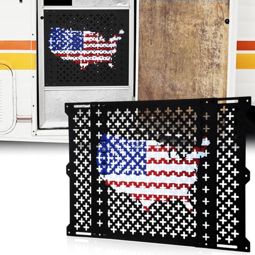 Gisafai 18 Inch High Adjustable RV Door Screen Protector Adjusts from 21''- 31.5'' Aluminum RV Entry Screen Door Grille Alloy Screen Door Grill Screen Defender for RV Door, Black - size: 18 Inch High, style: Flag