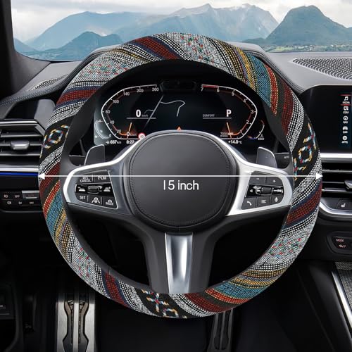 Boho Car Steering Wheel Cover, Ethnic Style Steering Wheel Covers Protector, Bohemian Anti-Slip Breathable Linen Auto Wheels Cover Fits 15 Inch, Universal Interior Car Accessories (Style D) - color: Style D