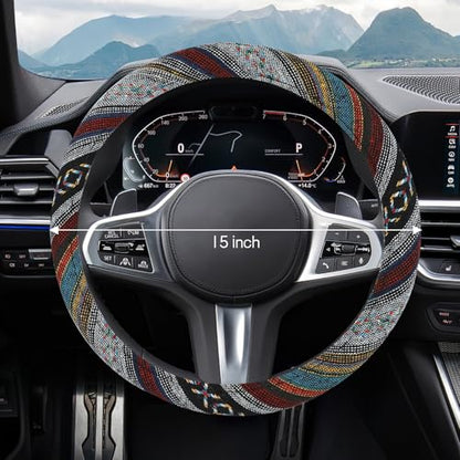 Boho Car Steering Wheel Cover, Ethnic Style Steering Wheel Covers Protector, Bohemian Anti-Slip Breathable Linen Auto Wheels Cover Fits 15 Inch, Universal Interior Car Accessories (Style D) - color: Style D