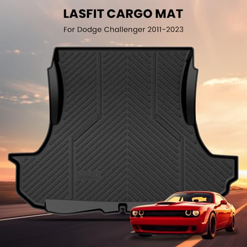 LASFIT Cargo Mats for Dodge Challenger 2011 2012 2013 2014 2015 2016 2017 2018 2019 2020 2021 2022 2023, All Weather TPE Custom Fit Trunk Mats Cargo Liners, Black - style: 6) Challenger | 2011-2023 | Trunk Mat