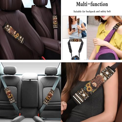 Highland Cow Printed 15 Pcs Car Seat Cover Full Set, Sunflower Aztec Printed Car Accessories Set Front Rear Seat Covers Steering Wheel Cover Seat Belt Covers Car Headrest Cover - color: Brown-Highland Cow Sunflower Aztec