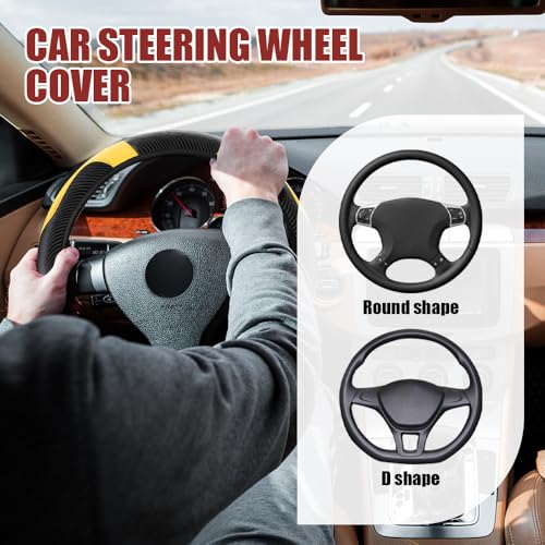 Car Steering Wheel Cover, Steering Wheel Protector, Universal 14.5-15 Inch Microfiber Leather Breathable Auto Steering Wheel Covers, Carbon Fiber Steering Wheel Cover for Women Men (Yellow) - color: Yellow