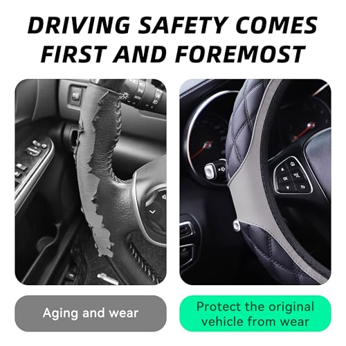15 Inch Car Leather Steering Wheel Cover, Automotive Accessories Elastic Breathable Anti-Slip Soft Wheel Protector Fits Men and Women, Suitable for SUVs, Trucks, Vehicles and RVs (Gray) - color: Gray